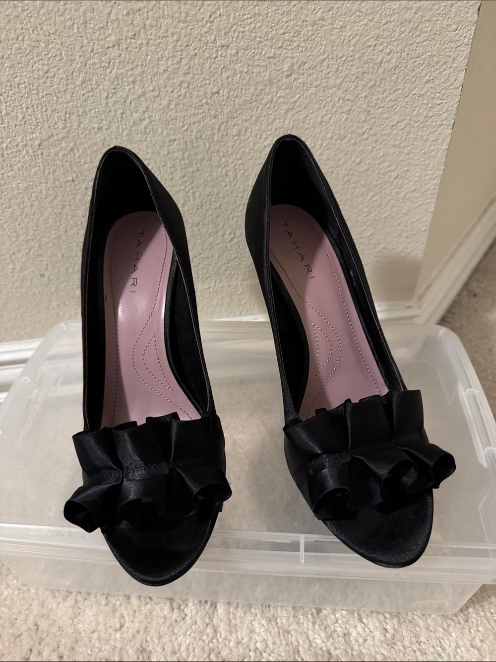 Tahari Black Satin Ruffle Peep-Toe Heels